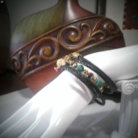 FIVE WRAP GLAM Black Braided Leather Bracelet Embellished with Beads Size 7" - Picture 1 of 5